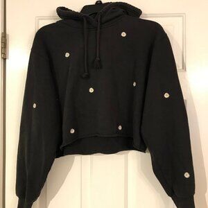 Hollister Black Cropped Hoodie with Daisy Pattern Embroidery